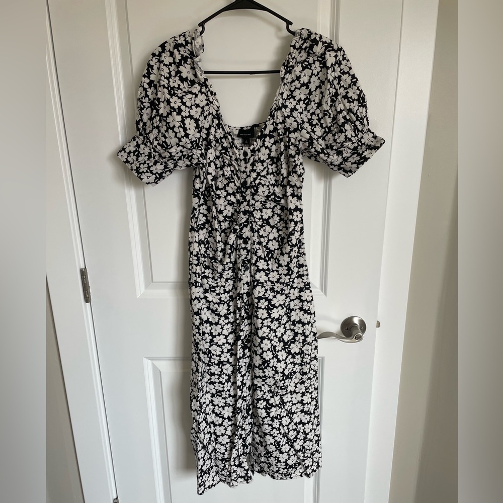 Who What Wear Linen Blend Black and White Puff Sleeve Midi Sundress
